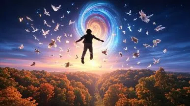 Ilustración conceptual de una persona soñando, con elementos visuales que sugieren el viaje del alma a otras dimensiones y la naturaleza ilusoria de la realidad percibida