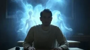 Hombre con seres de luz detras representando la transcripcion de no hay muerte