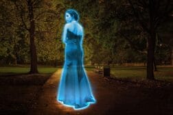 Ilustración digital que representa qué es el alma como una figura holográfica de luz, con partículas brillantes, que evoca una proyección de la consciencia