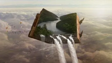 Libro flotante en el cielo vertiendo agua como cascada, símbolo de la verdadera espiritualidad que fluye sin esfuerzo